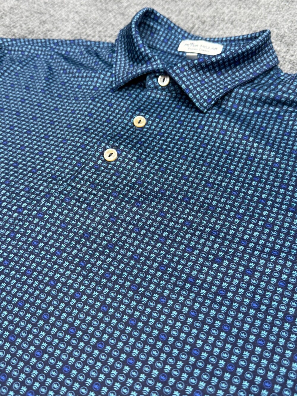 Peter Millar Summer Comfort Polo Shirt Men M Blue Crown All Over Print Geometric